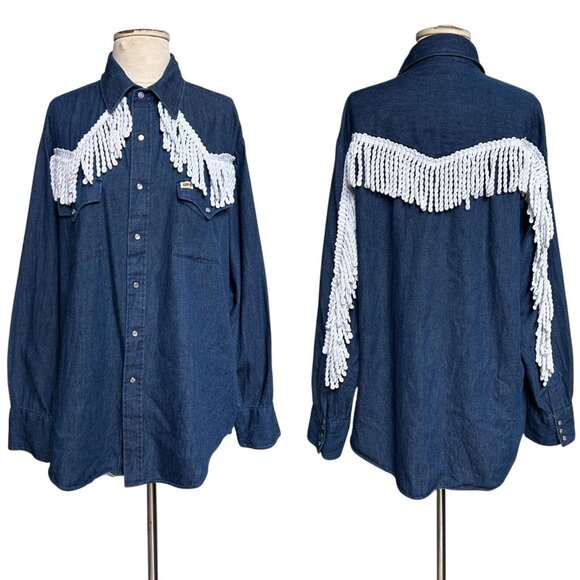Bar B Other - 70s vintage fringe denim shirt pointed collar Bar B Western Wear snap button.
